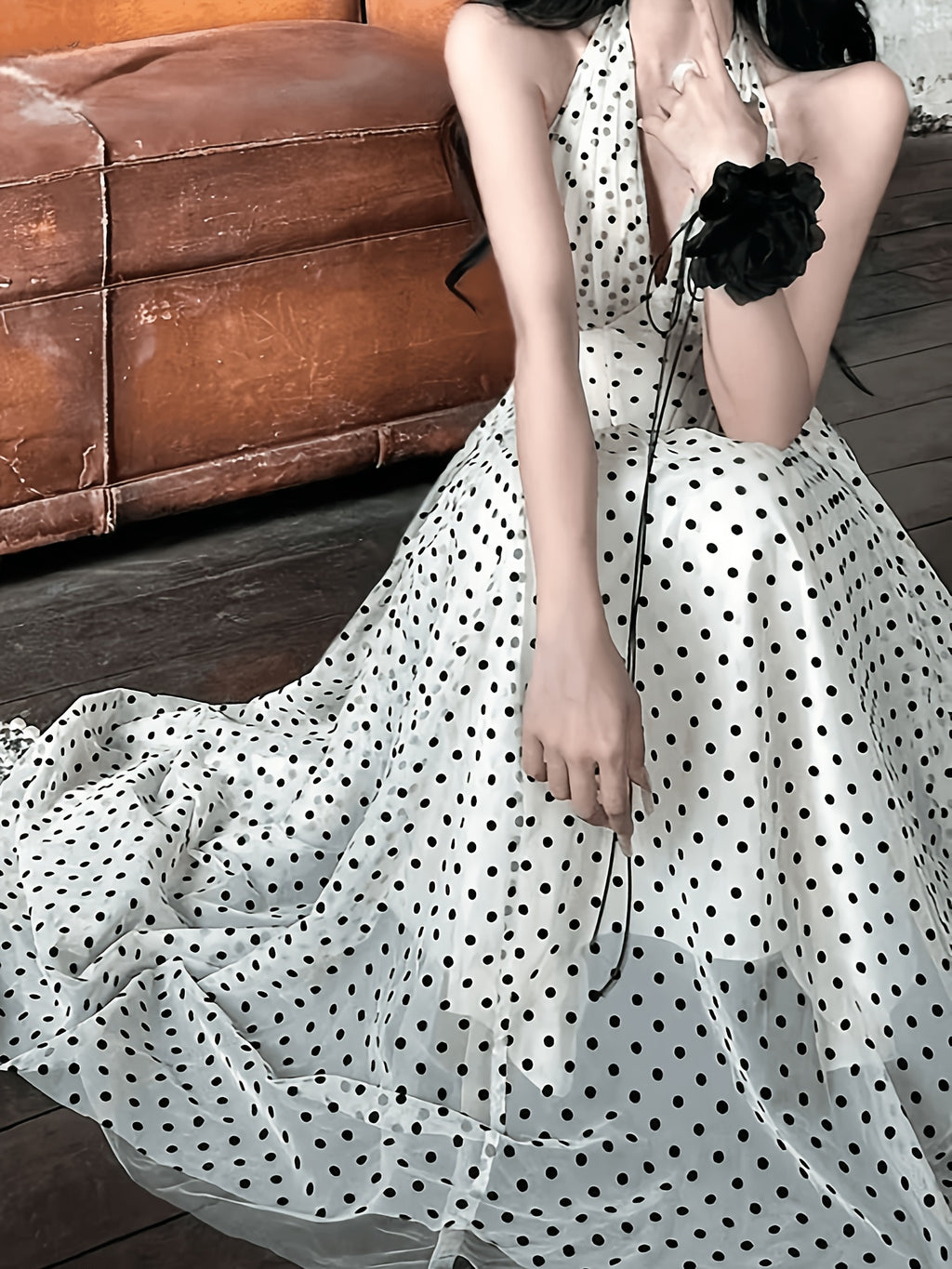 Elegant -Line Maxi Dress with V-Neck & Ruffled Hem - Polka Dot Long Dress Suitable for Weddings, Parties,, Machine Washable Non-Stretch Dress, Round Dot for Special Occasions - White