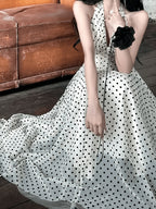 Elegant -Line Maxi Dress with V-Neck & Ruffled Hem - Polka Dot Long Dress Suitable for Weddings, Parties,, Machine Washable Non-Stretch Dress, Round Dot for Special Occasions - White