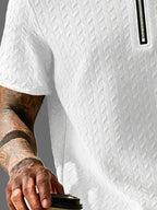 Men'S Summer Fashion Breathable Polo Shirt Short Sleeve, Easy Style, 3D Jacquard Texture Fabric, Vertical Texture Very Good, Zipper Collar Design, Easy Style Small Print Pattern And Zipper Details - White