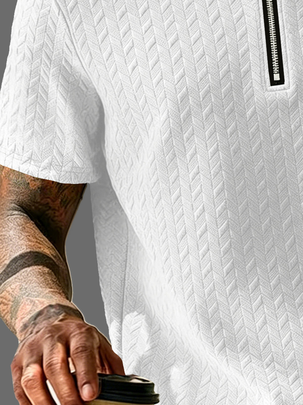 Men'S Summer Fashion Breathable Polo Shirt Short Sleeve, Easy Style, 3D Jacquard Texture Fabric, Vertical Texture Very Good, Zipper Collar Design, Easy Style Small Print Pattern And Zipper Details - White