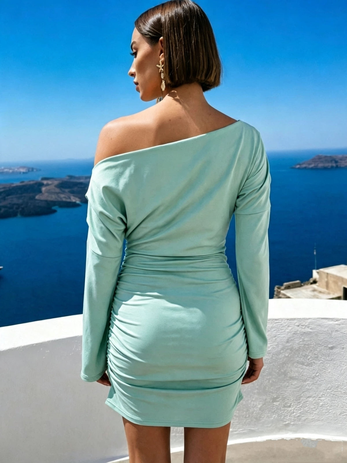 Mint Green Off Shoulder Flare Sleeve Ruched Mini Dress, Women'S Slim Bodycon Casual Vacation Party Short Dress - Viridity