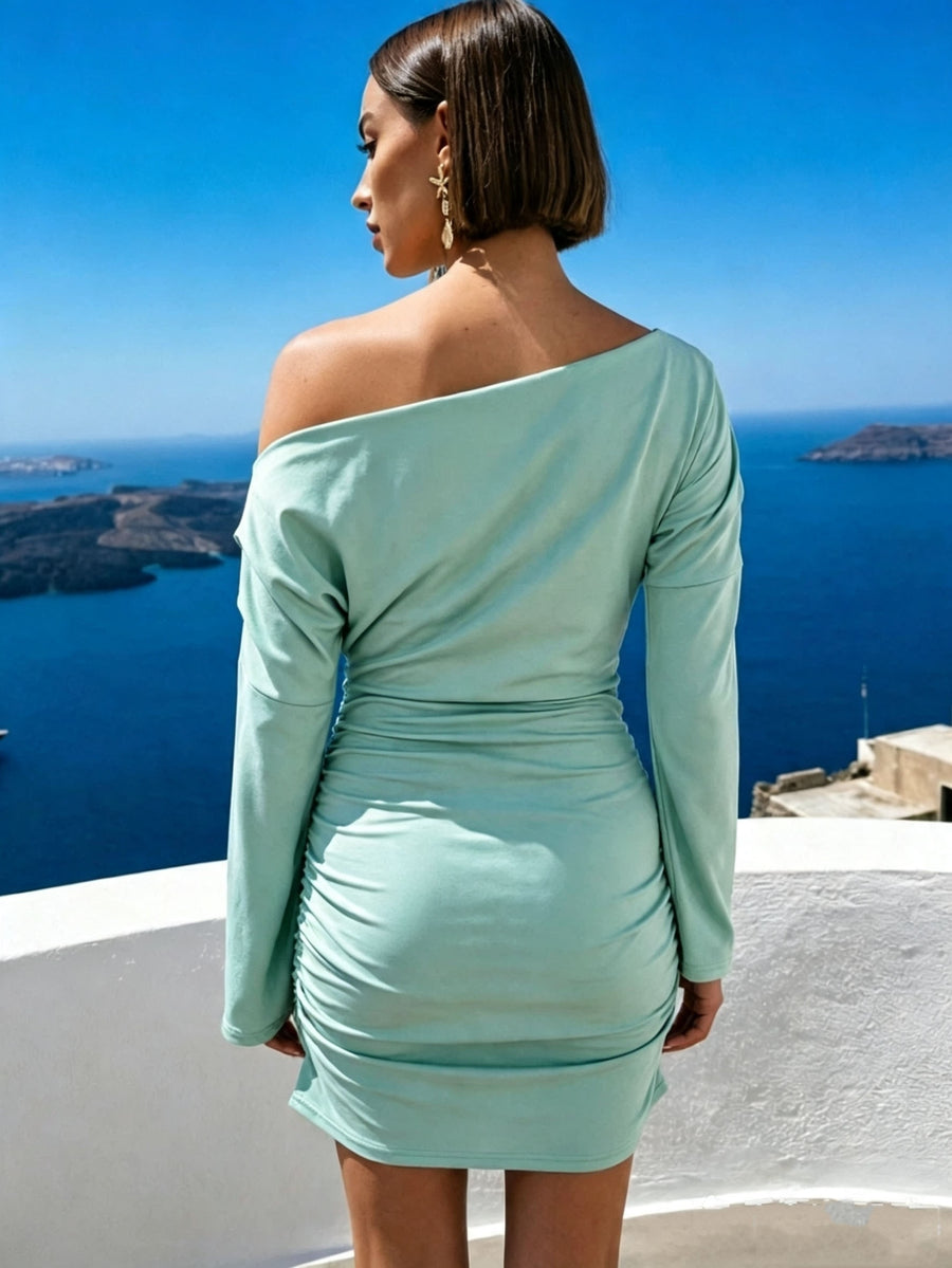 Mint Green Off Shoulder Flare Sleeve Ruched Mini Dress, Women'S Slim Bodycon Casual Vacation Party Short Dress - Viridity