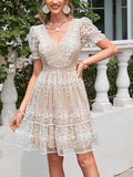Mesh Embroidery Dress for Women, V-Neck Puff Sleeves, Cinched Waist, Cake Skirt, Mid-Length, Elegant And Socialite Style Formal Dress, Suitable for Weddings/Dates/Parties - Apricot