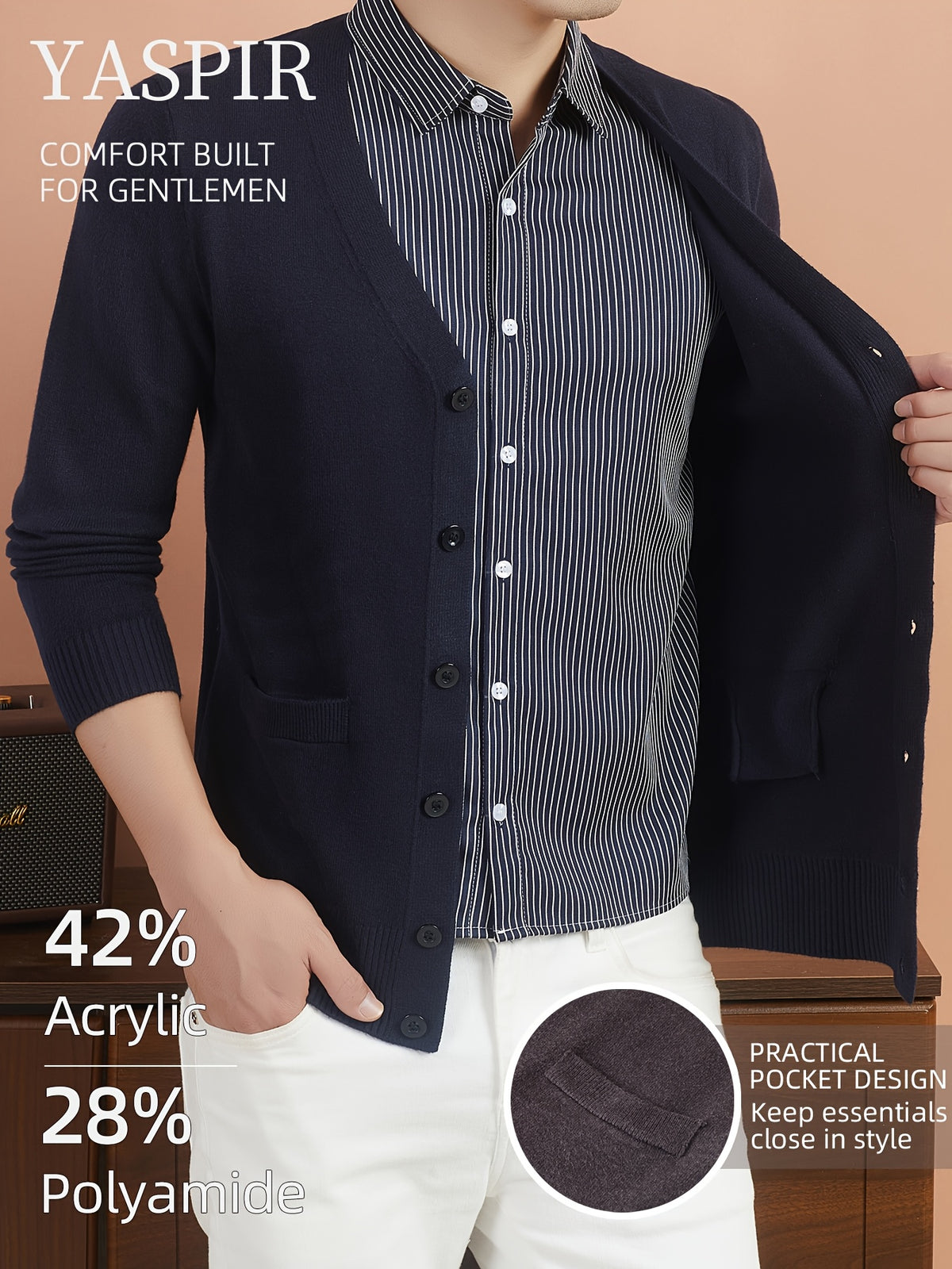 Men'S Layered Polo Collar Cardigan Design, Lightweight Refined Knitwear in Timeless Old Money Style, Perfect for Casual, Outdoor & Everyday Wear - Navy Color