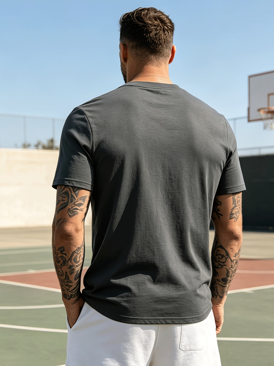 Men's Casual 100% Cotton V-Neck T-Shirt, Summer Sports Short-Sleeve Top, Plain Weave Knit with Distinctive Design, Durable and Pilling-Resistant, Pure Cotton Soft, Breathable, and Refreshing Without Feeling Stuffy, Comfortable, High-Quality - Dark Gray