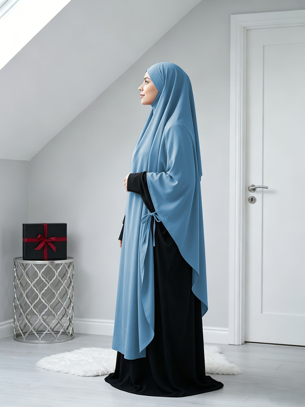 A Solid Color Nidaga Prayer Jilbab. The Fabric Is Skin-friendly and Breathable, Making It Suitable for Women to Wear and Pray Daily. The Robe Abaya Features a 1pc Design with a Khimar, Offering a Strong Drape and a Loose Fit, Ideal for Busy Daily - Sky Blue