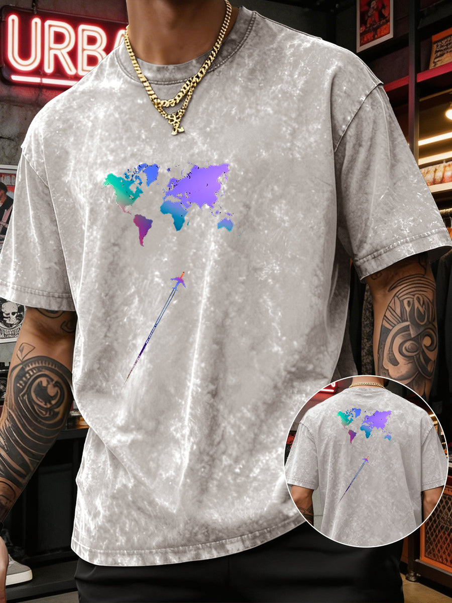 Men's Heavyweight T-Shirt Washed Distressed Gradient World Map Airplane Fashion Print Vintage Heavy Cotton Streetwear High Street Style Summer Casual Versatile Gym Fitness Daily Commute Tee 2026 Urban Fashion - Apricot
