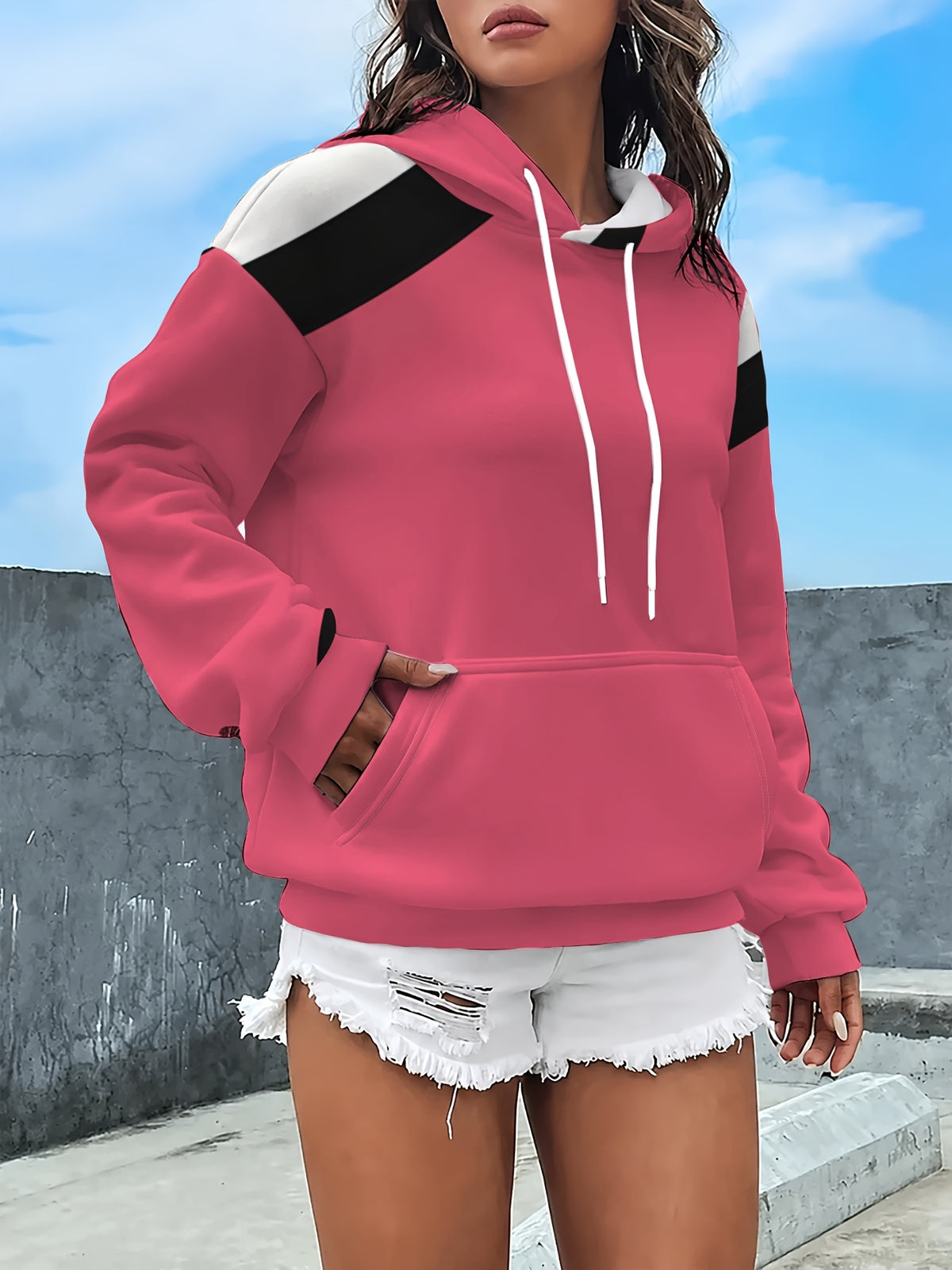 Women'S Long Sleeve Drawstring Sweatshirt, Casual Loose Pocket Sweatshirt - Pink Color