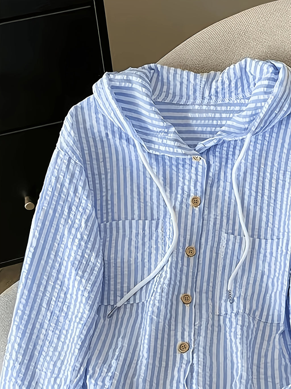 Relaxed Fit Striped Hooded Cardigan - Blue