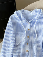 Relaxed Fit Striped Hooded Cardigan - Blue