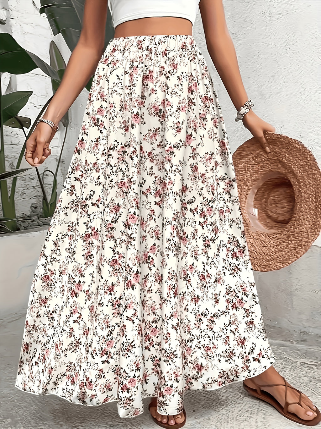 DJ260408847 Spring/Summer Elegant Small Floral Print Stretch Waist Bohemian Style Maxi Skirt - Multicolor