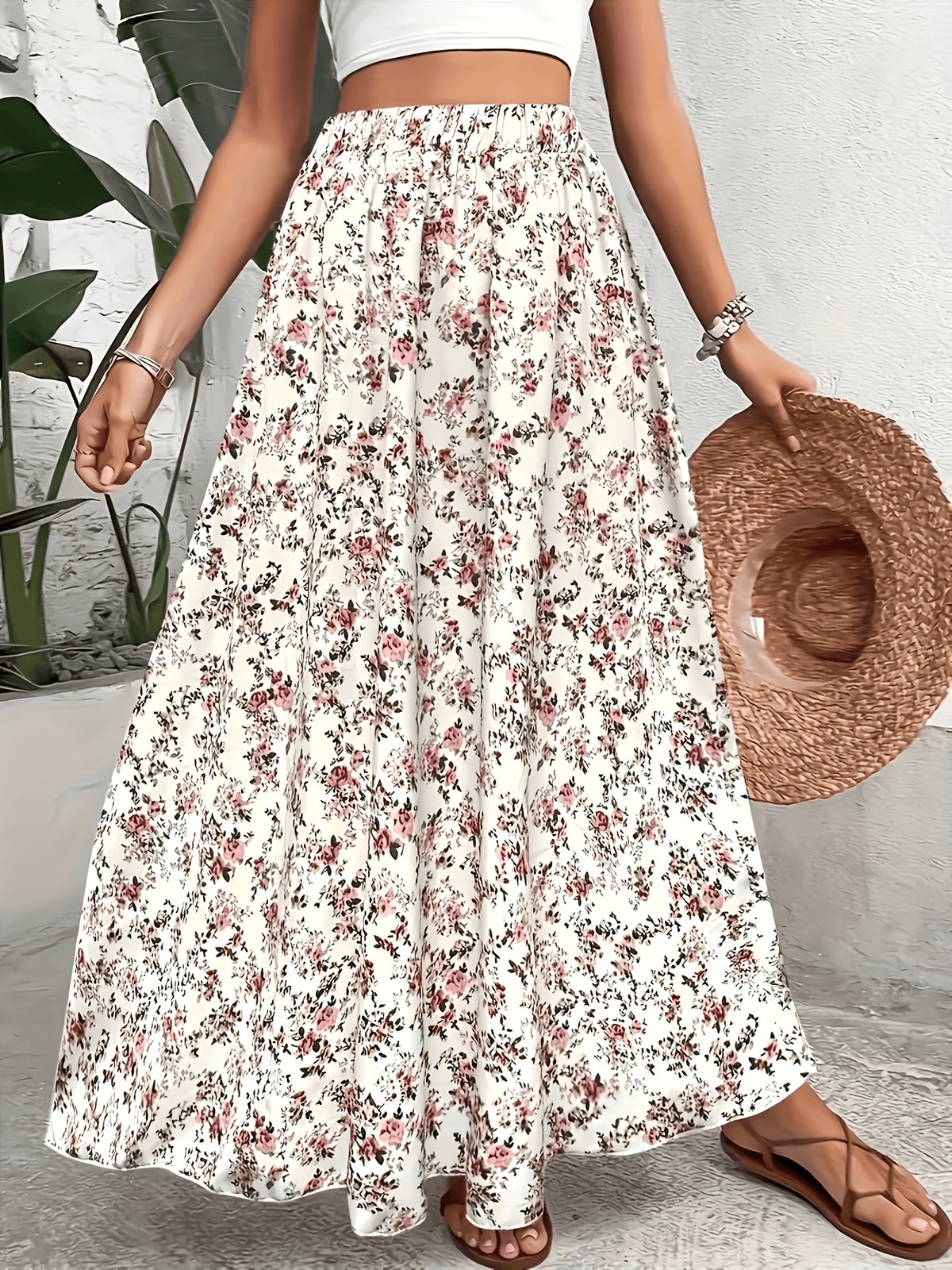 DJ260408847 Spring/Summer Elegant Small Floral Print Stretch Waist Bohemian Style Maxi Skirt - Multicolor