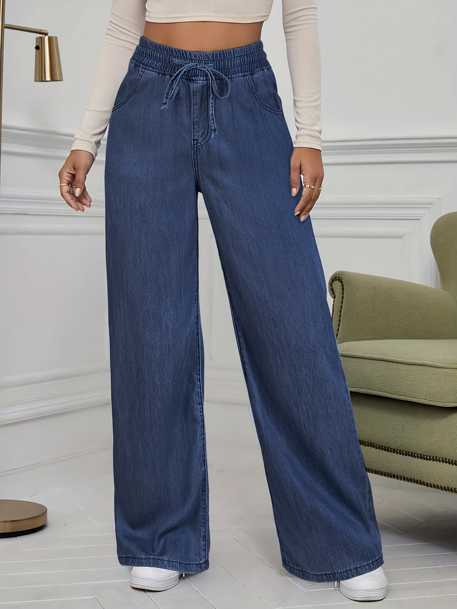 Plain Washed Light Blue Elastic Waistband Loose Fit Wide-leg Imitation Denim Pants, Women's Imitation Denim Pants for Spring and Autumn Weardenim - Deep Blue