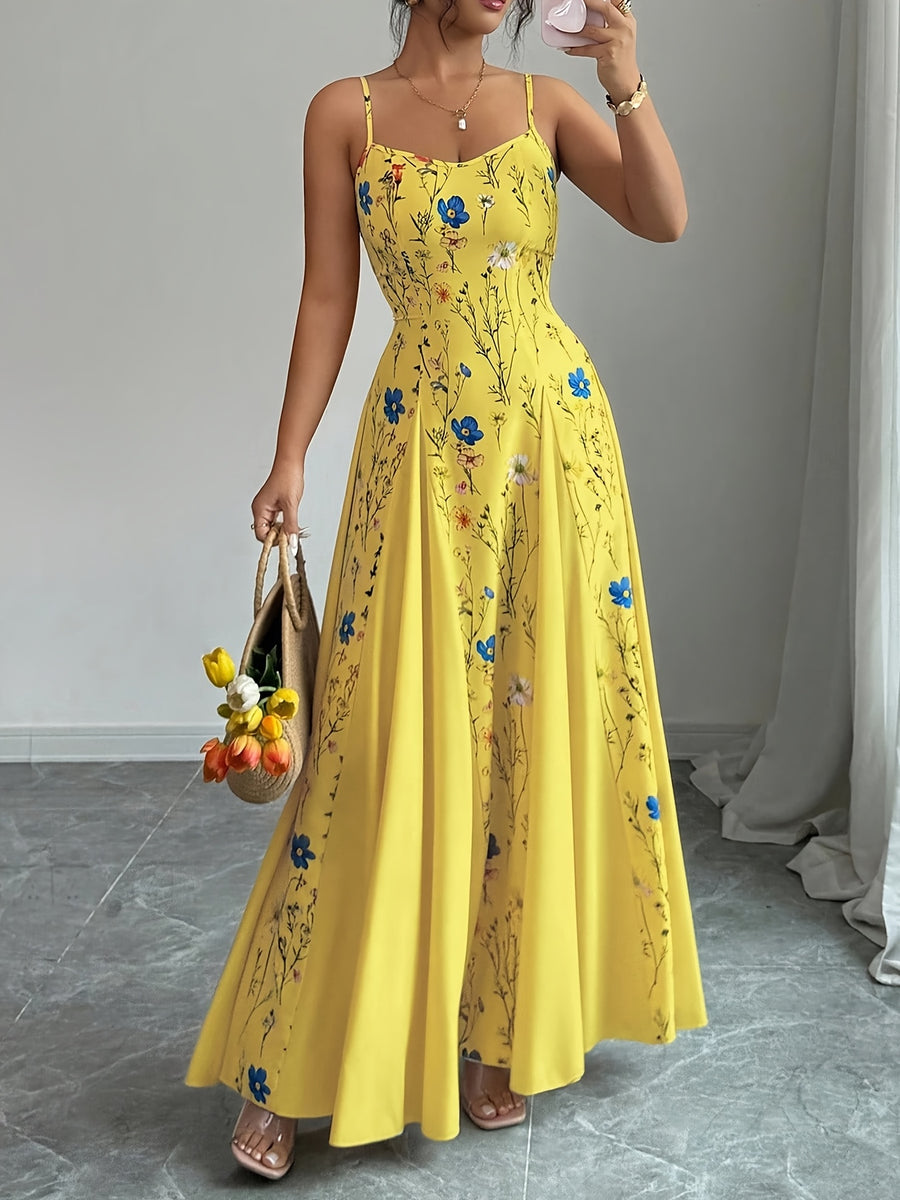 Spring And Summer New Elegant Resort European And American Fashion Trend Casual Women'S Clothing Floral Print Sleeveless Square Neck Suspender Dress - Yellow