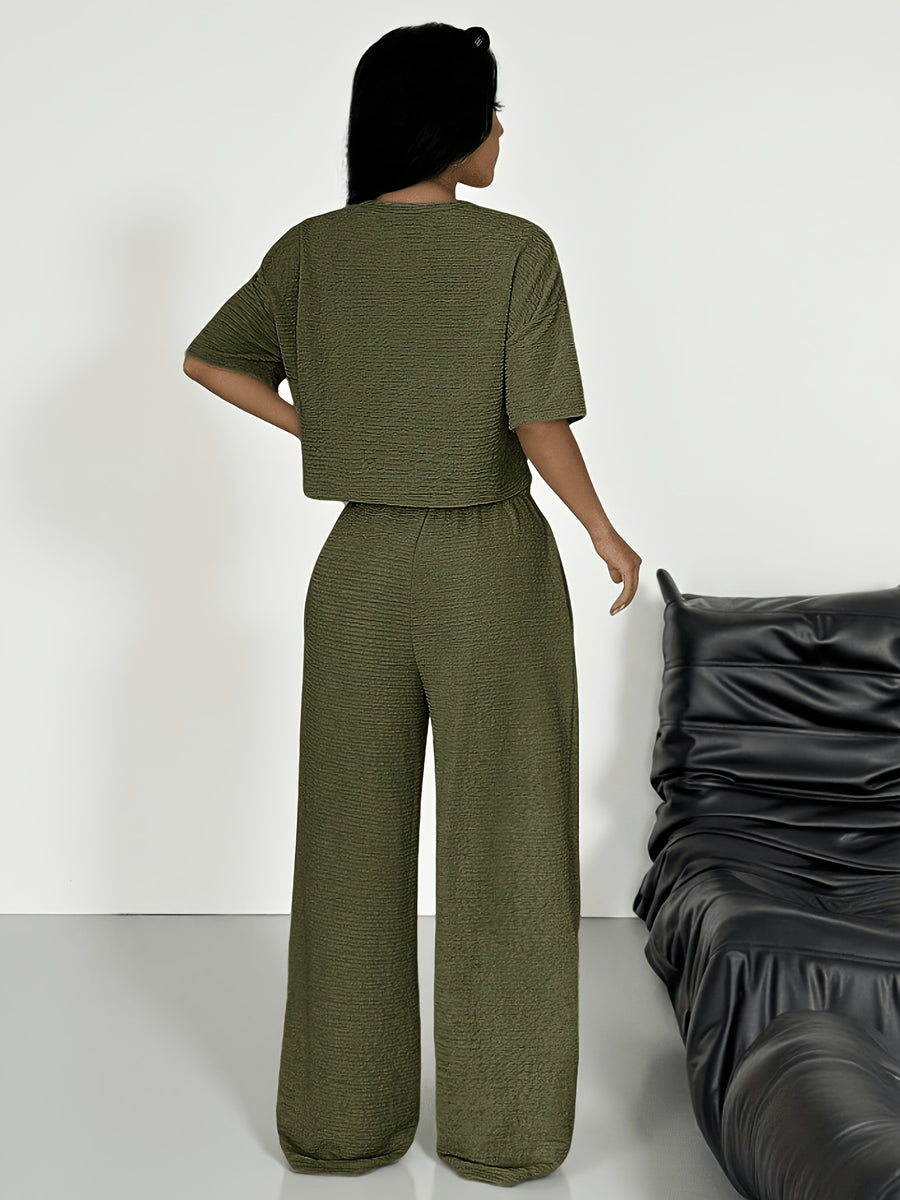 Women'S Spring/Summer Fashion T-Shirt And Pants 2pcs Set - Green