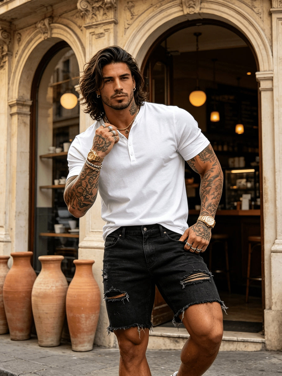 2pcs Summer Refreshing Men's Henley Shirt, Button-Front Placket Design, Skin-Friendly Fabric, Breathable and Non-Stuffy, Simple and Elegant, Multiple Colors Available, Versatile for Daily Commuting and Outings - Mixed Color 1