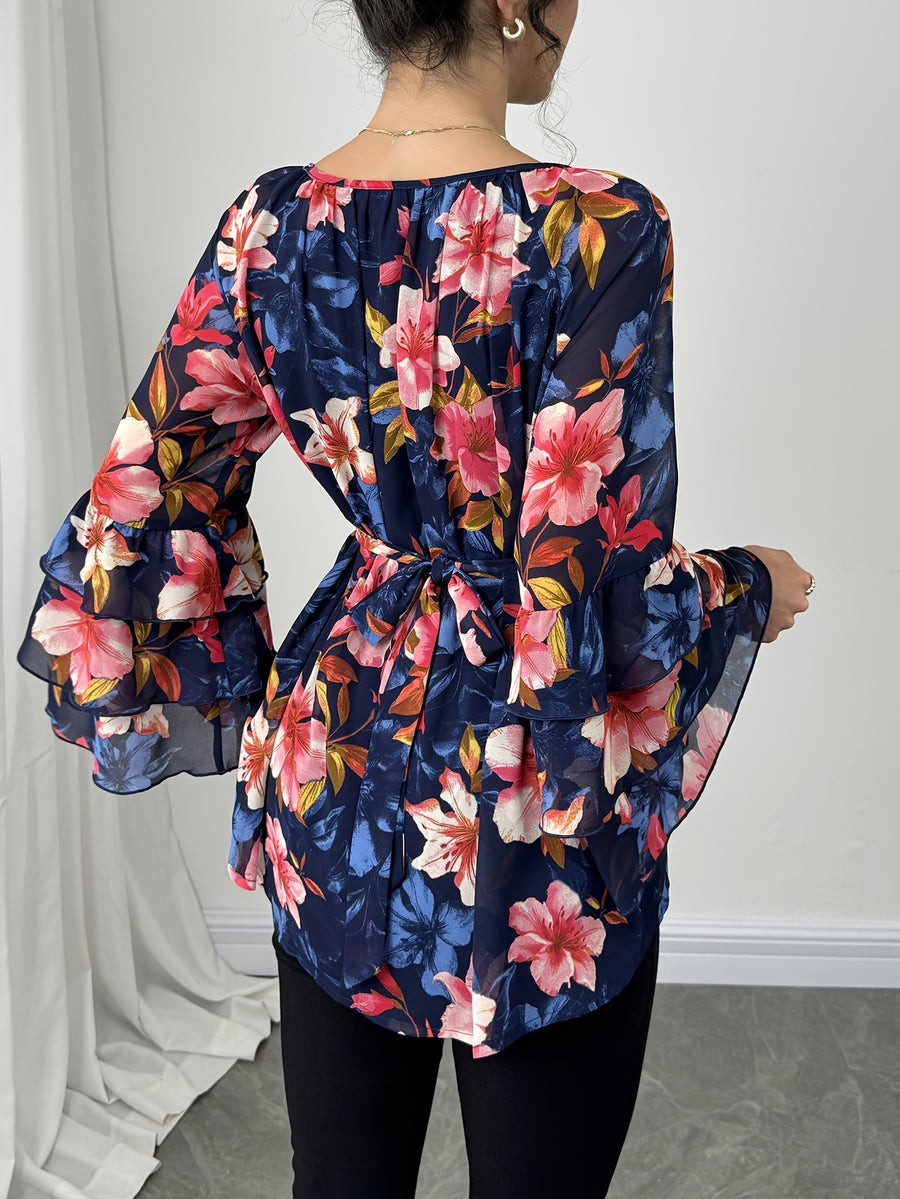 Women'S Summer Elegant Top, Chiffon Floral Print Layered Ruffle Sleeve, Waist Tie Festival Outfit, Holiday Vacation Wear Shirt - Multicolor