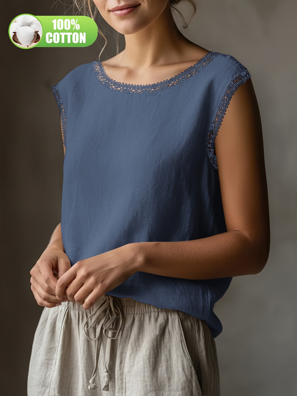 Summer Women'S Literary All- Retro Shirt 100% Top Lace Hollow Collar Loose Casual Versatile Everyday ASD1 - Gray Blue