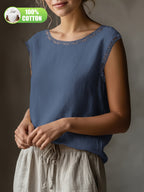 Summer Women'S Literary All- Retro Shirt 100% Top Lace Hollow Collar Loose Casual Versatile Everyday ASD1 - Gray Blue
