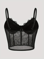 Sexy Black Lace Corset Crop Top with Fishbone Underwire - V-Neck, Backless, Sheer Floral Print, Summer Fashion for Women, Corset Top - Black