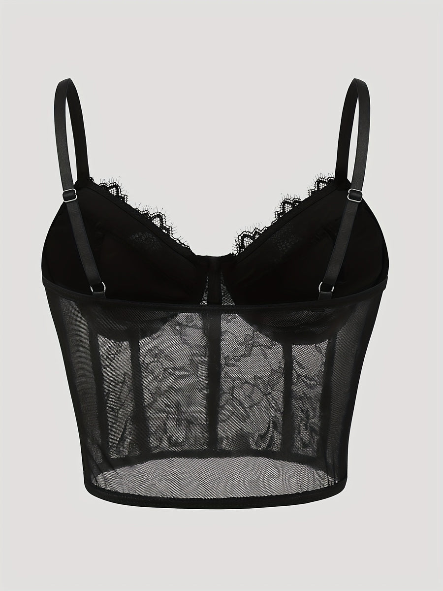 Sexy Black Lace Corset Crop Top with Fishbone Underwire - V-Neck, Backless, Sheer Floral Print, Summer Fashion for Women, Corset Top - Black