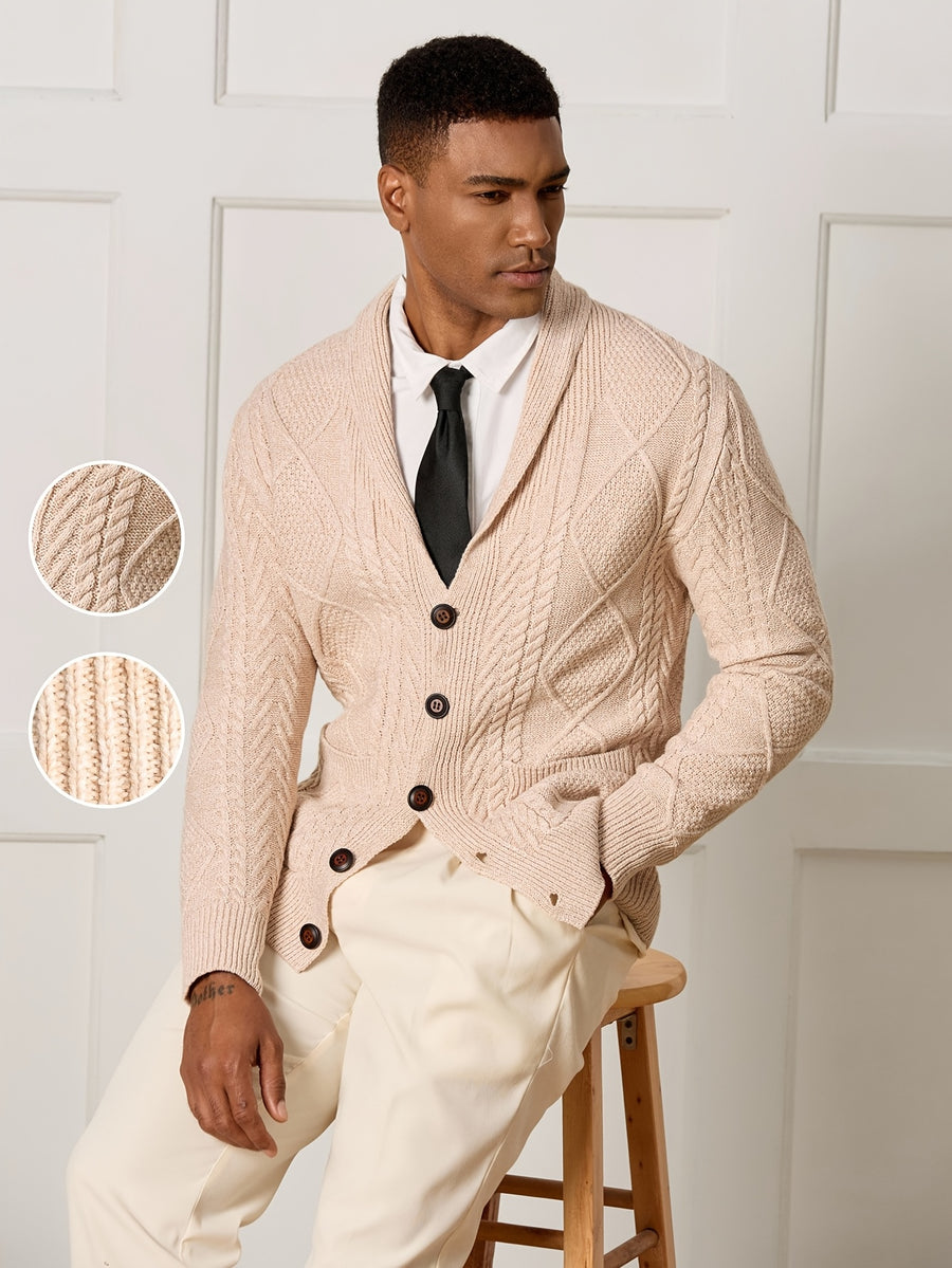 Korean Japanese Minimalist Men Cable Knit Sweater Cardigan Shawl V Lapel Collar Long Sleeve Button Knit Coat with Dual Side Pockets Thick Thermal Soft Knitted Outerwear Loose Oversize Fit Gentleman Daily Business Fall Winter Versatile Knit Top - Khaki