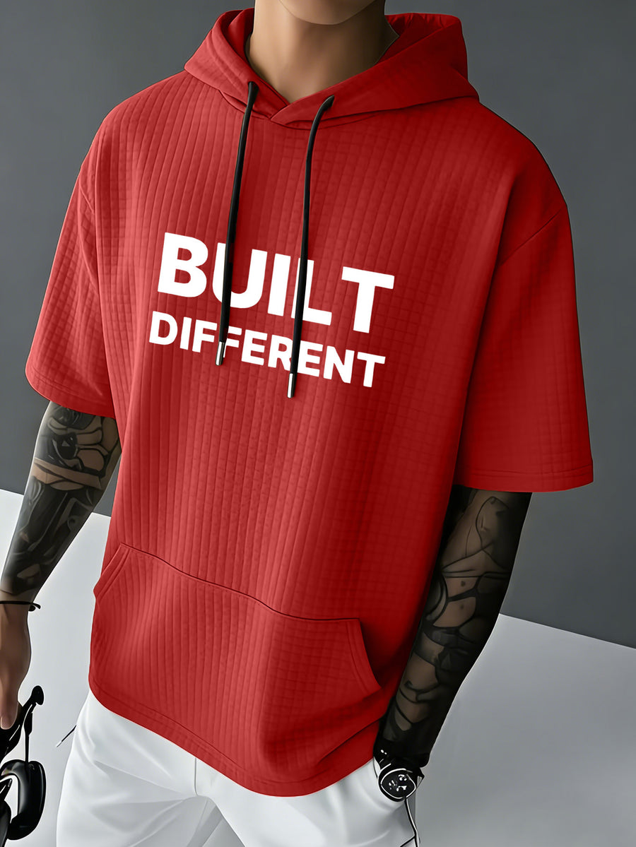 BUILT DIFFERENT Men's Waffle Knit Short-Sleeve Hooded Sweatshirt with Comfortable Print and Drawstring, Pocketed T-Shirt, Summer Casual Fashion Men's Wear, Suitable for Outings and Home Wear, Ideal for Daily and Formal Occasions, Simple Summer - Red
