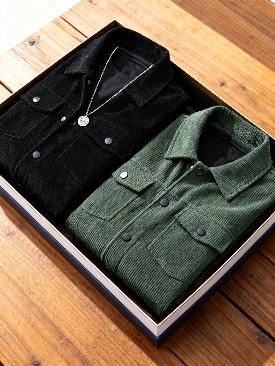 2pcs Men'S Corduroy Jacket Outerwear, Autumn Winter Warm Lapel Jacket, Multi-Pockets Top, Suitable for Casual Wear, Gift Option (2pcs Set, No Box) - Black + Army Green