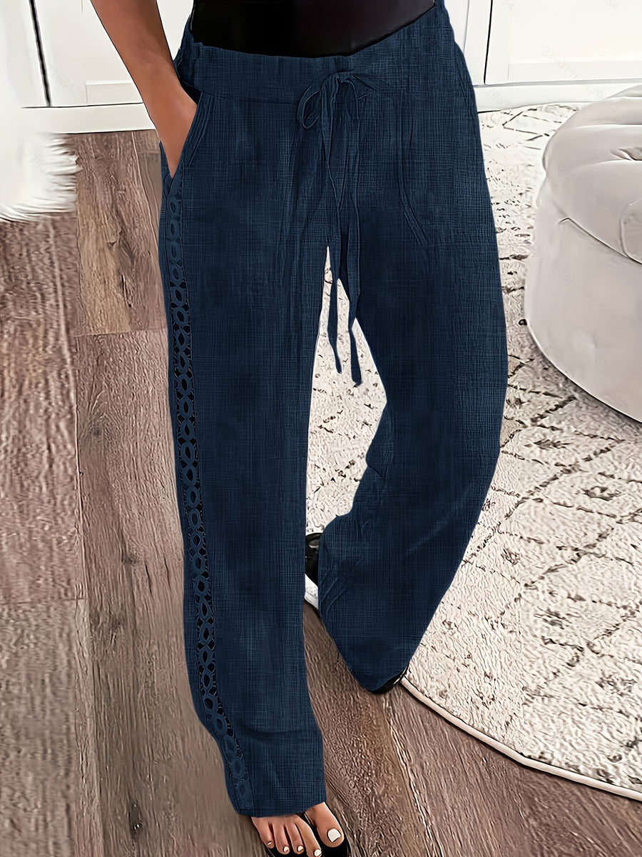 Spring-Summer Solid Color Fashion Casual Side Seam Lace Pants - Navy Color