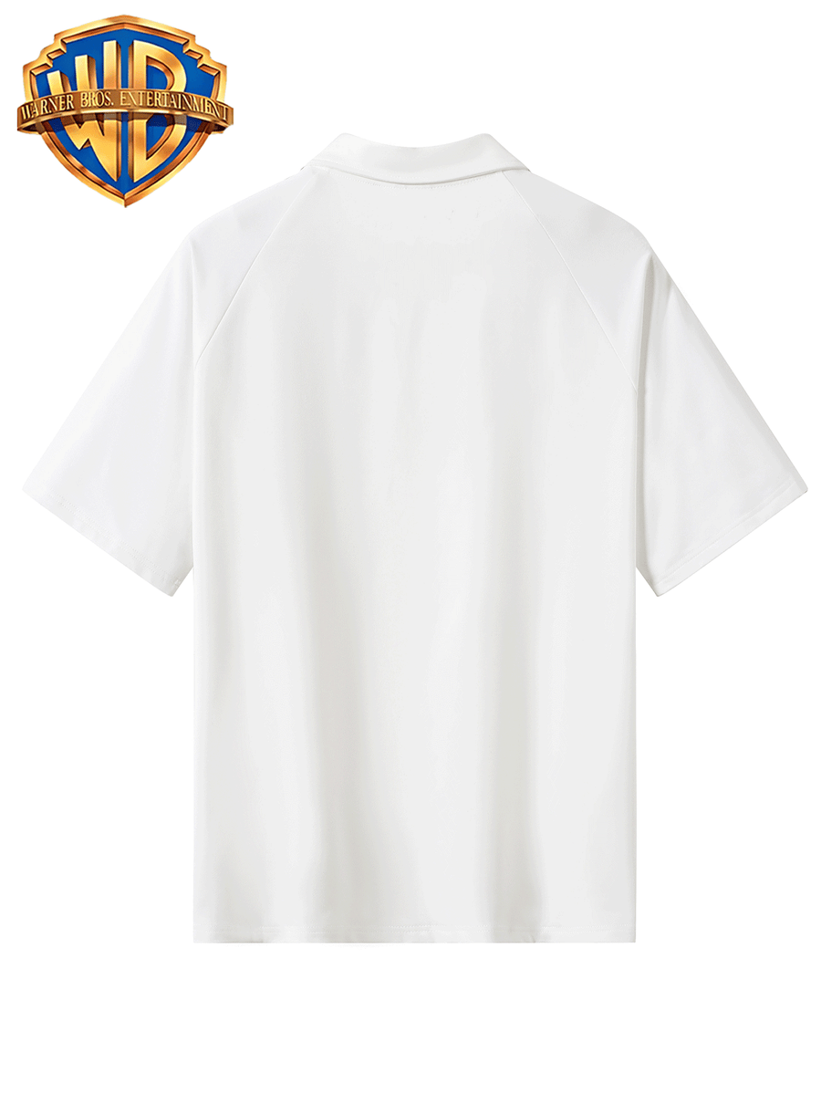 Warner Bros Official American Street Sketch Hand-Drawn Style Superman Shield S-Logo Print, Men's Fashion Casual Short-Sleeve Polo Shirt, Side Contrast Color Stripe Design, Men's Breathable Short-Sleeve Lapel Top, Suitable for Business - White