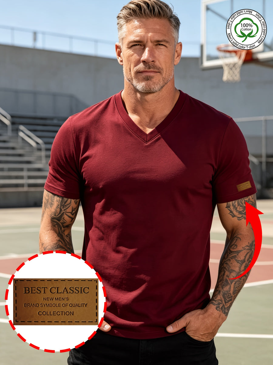 100% Cotton Men's Pure Cotton Casual V-Neck Solid Color Short Sleeve Shirt, Zhangzi Design Basic Classic Style, Breathable and Smooth, Versatile Top for Business Layering, Outings, Shopping, or Sports - Burgundy