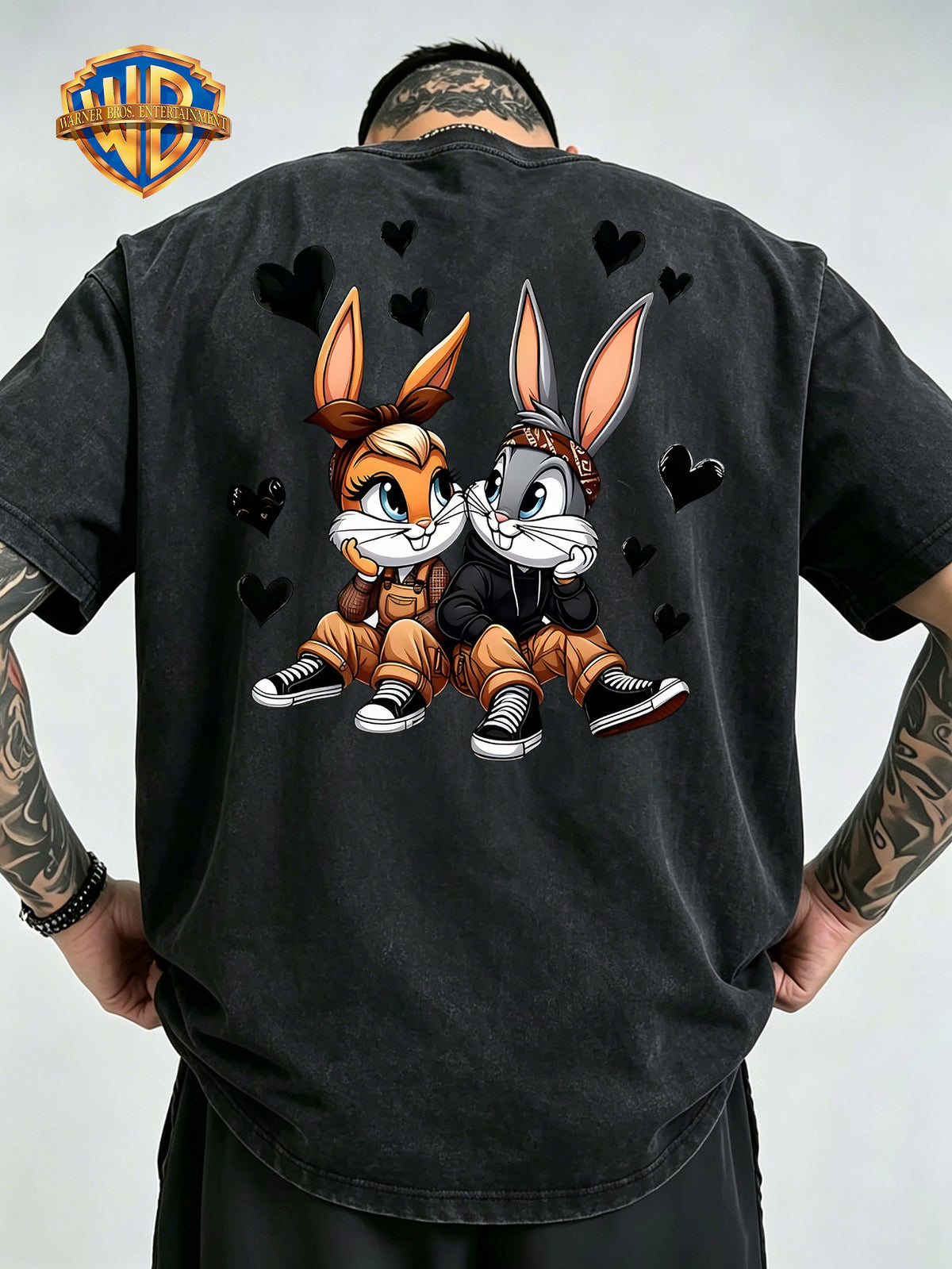 Cartoon Couple Rabbit Heart Front Back Print Washed Distressed T-Shirt, Men'S 100% Fabric, Casual Comfortable Style, Loose Fit Breathable Short Sleeve Men'S Casual Top, Distressed Washed Loose Fit - Black