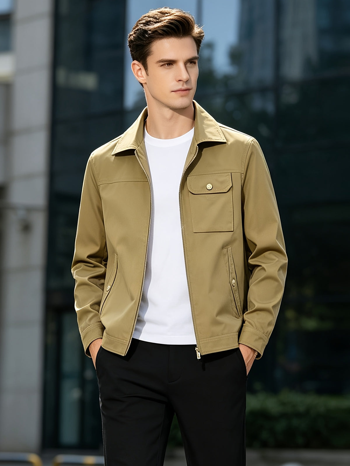 Men's Vintage Military Green Bomber Jacket with Lapel Collar & Zipper Closure - Loose Fit Multi-Pocket Coat Suitable for Spring/Autumn, Casual Streetwear Outerwear, Hand Washable Retro Blazer - Khaki