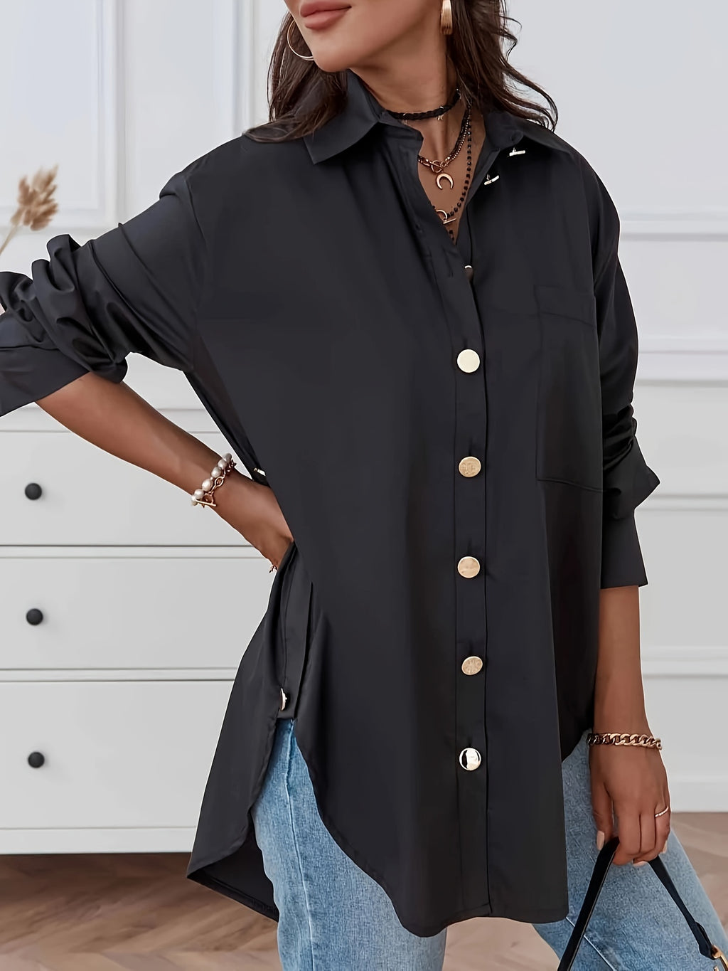 Women'S Solid Long Sleeve Shirt - Black