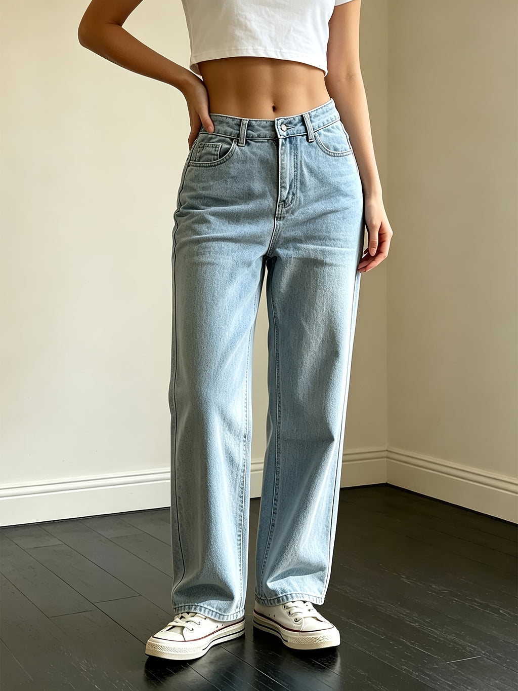 2pcs Set Light Blue Straight-Leg Jeans Women'S Suitable for Petite Retro Washed Loose Straight-Leg with Pockets Non-Stretch Casual Trousers - Light Blue