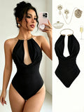 New Women's Red Sexy Sleeveless Backless Bodysuit for S, Base Layers, and Dance Wear - Black
