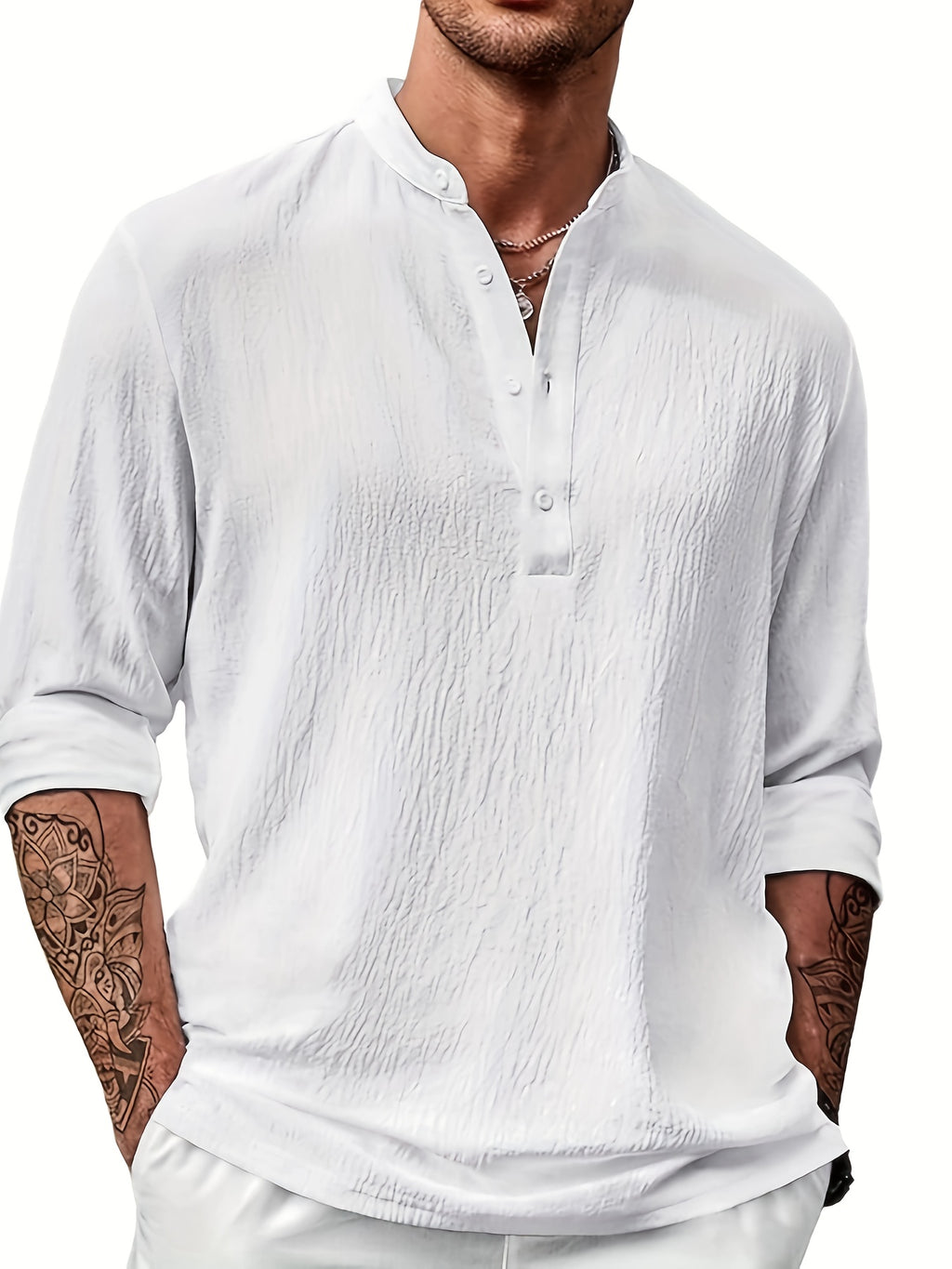 Men's Stand Collar Long Sleeve Henley Shirt, Textured Linen Casual Shirt, Versatile Loose Fit Top for Commuting - White