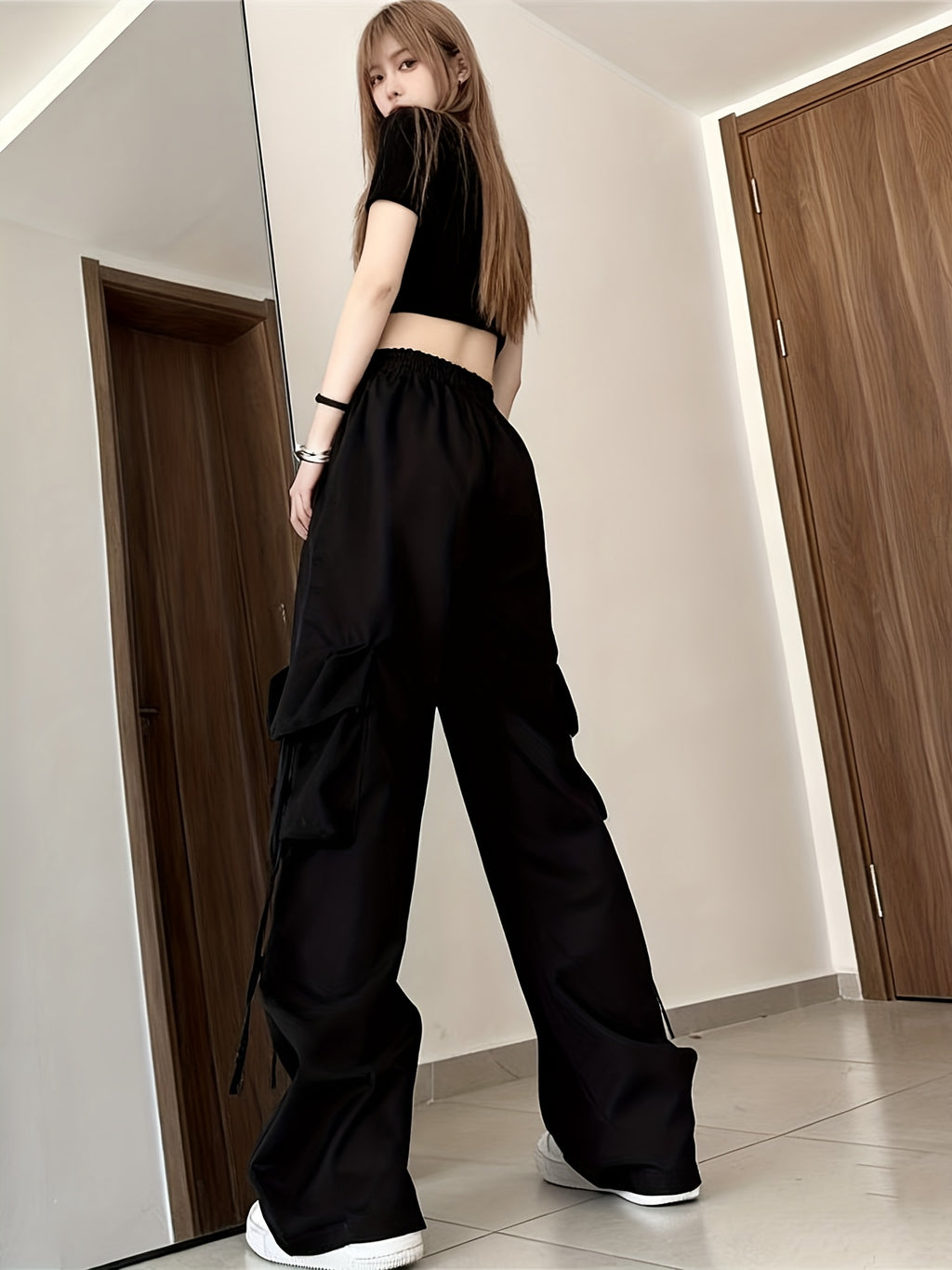 Women'S Casual Pants 2026 Summer New Straight-Leg Drape Wide-Leg Cargo Pants High-Waisted Trousers - Black