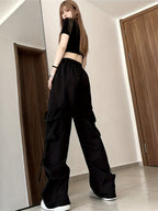 Women'S Casual Pants 2026 Summer New Straight-Leg Drape Wide-Leg Cargo Pants High-Waisted Trousers - Black