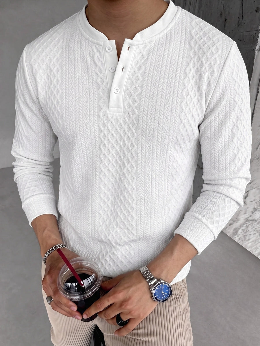 1 Men's Fashion Casual Long-Sleeve Thick Knit Sweater | High-End Solid Jacquard Soft Fabric | Small Stand-Up Collar with Three-Button Design | Essential Casual Streetwear for Outdoor Warmth | Breathable and Warm | for Indoor Gatherings and Outdoor - White