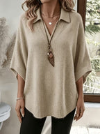Plus Size - Women'S Elegant Casual Cute Sexy Bohemian Style Spring Autumn Solid Color V-Neck with Lapel 3/4 Sleeve Curved Hem Slit Irregular Loose Soft Warm Shawl Cape Pullover Sweater Top - Khaki