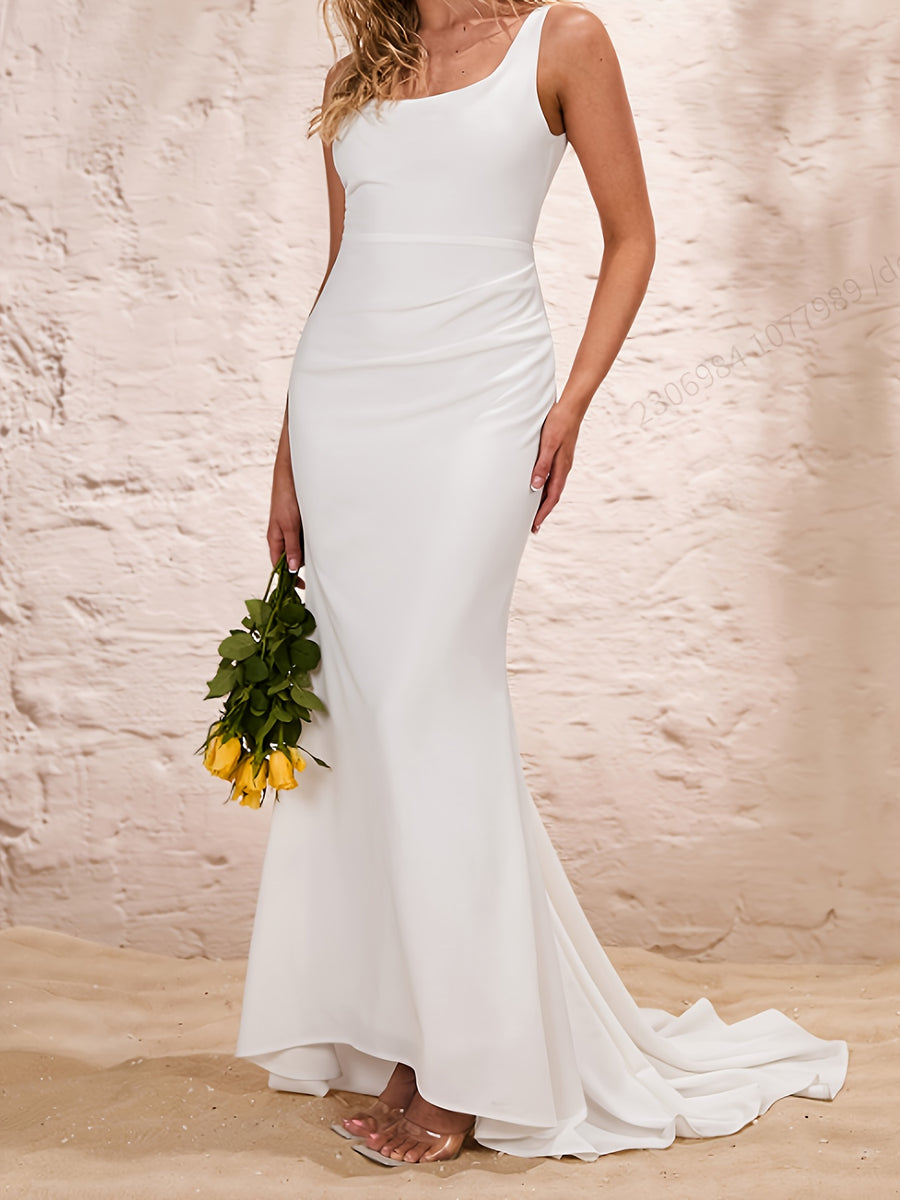 Elegant Women's Fashion Spaghetti Strap Bodycon Backless Mermaid Gown Dress, Suitable for Parties, Dates, Dinner Parties, and Wedding Events - White