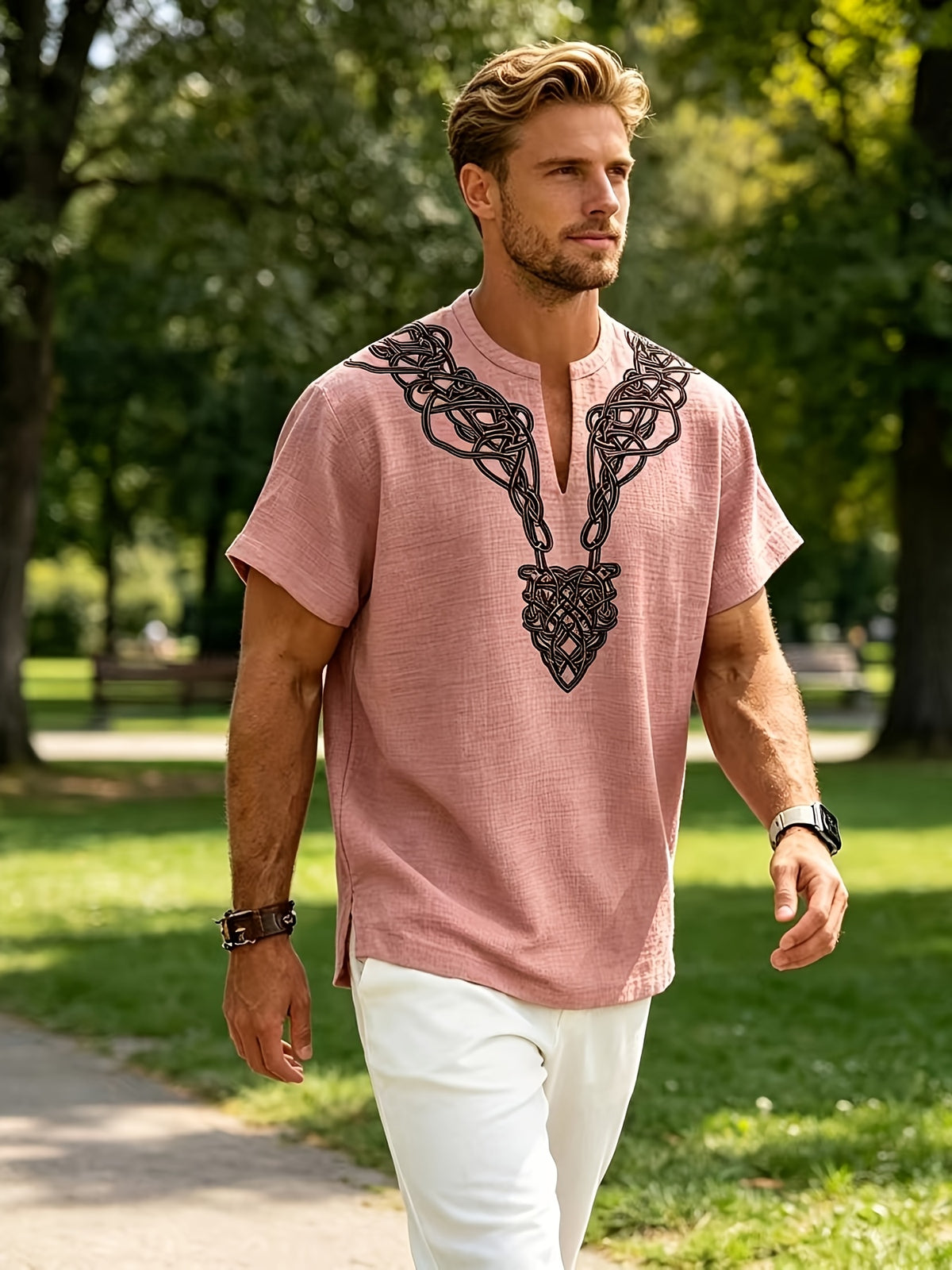 2026 New American Summer Men'S Lightweight Bamboo Rayon Rayon Braid Loose Rune Print V-Neck Casual Short Sleeve - Pink Color