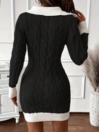Women's Autumn/Winter Color-Block Long Sleeve Slim-Fit Sweater Dress, Niannian's Selection - Black And White