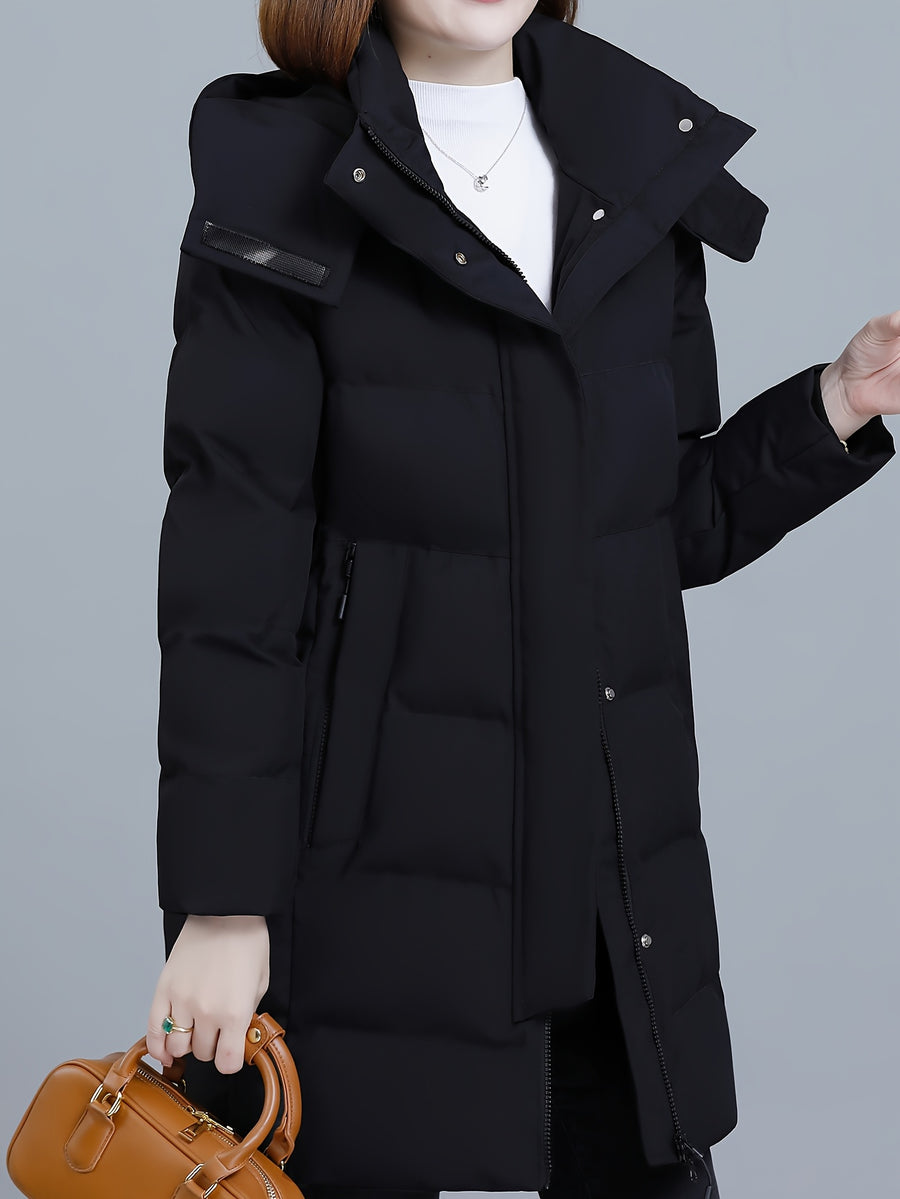 Women's Hooded Mid-Length Padded Coat with Black Contrast Lining, Zipper and Snap Button Double Front Placket, Plus Size Loose Fit, Checkered Overlock Stitching with Anti-Slip Padding, Drawstring Adjustable Hem, Zippered Side Pockets - Black