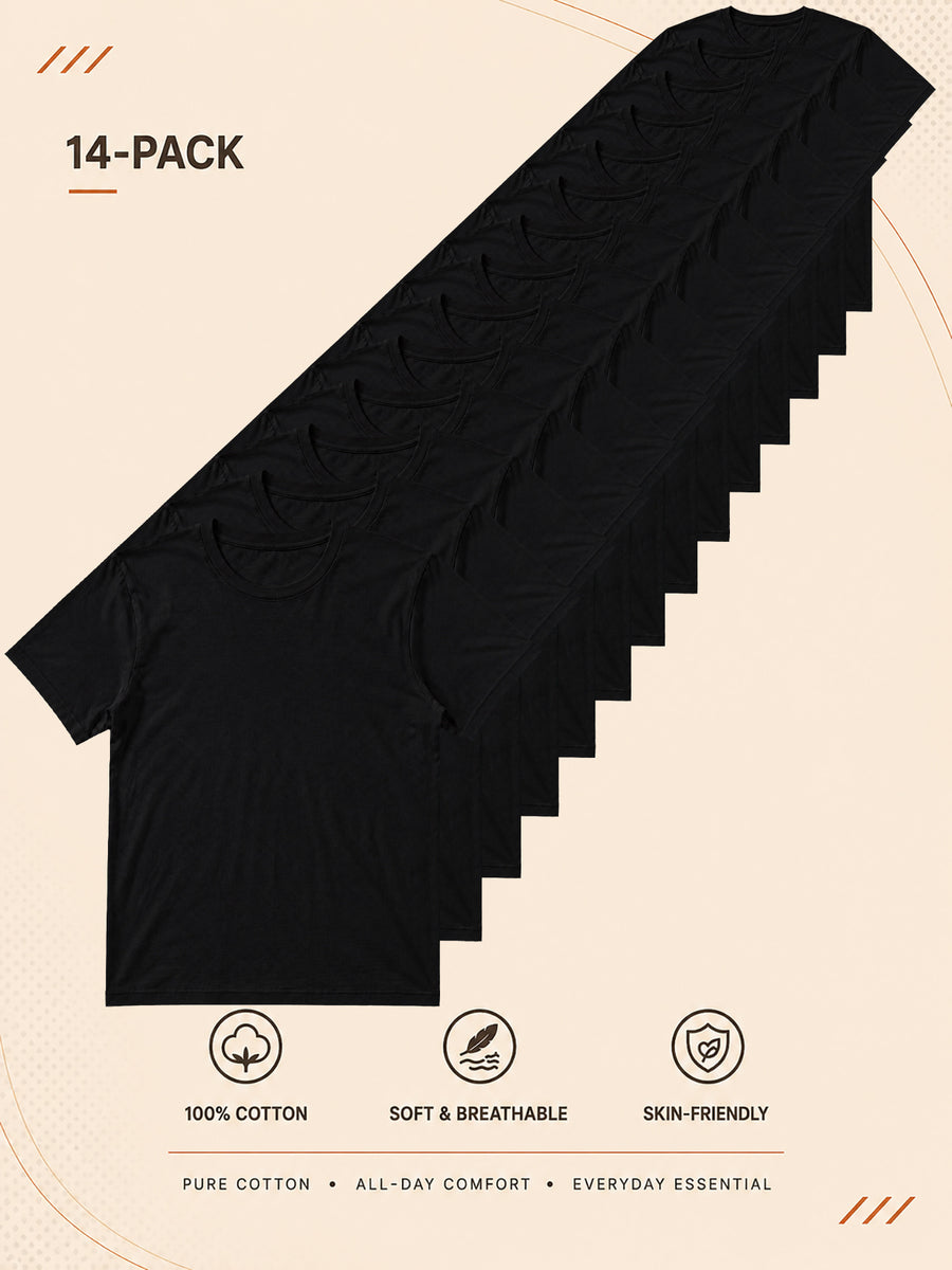14pcs of Men's 100% Cotton Short-sleeved T-shirts, Available in Black and White, Featuring Pure-colored Round Neck, Lightweight, Comfortable, Washable, and Breathable Tops, Suitable for Daily Casual Wear, Sports, Outdoor Hiking, and Work Attire - 14-Piece Set in Black