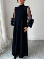 Women'S Stand-Up Collar Lantern Long-Sleeved Textured Fabric Splicing Mesh Hand-Cranked Three-Dimensional Embroidery Loose Comfortable And Elegant Senior Long Dresses - Navy Color