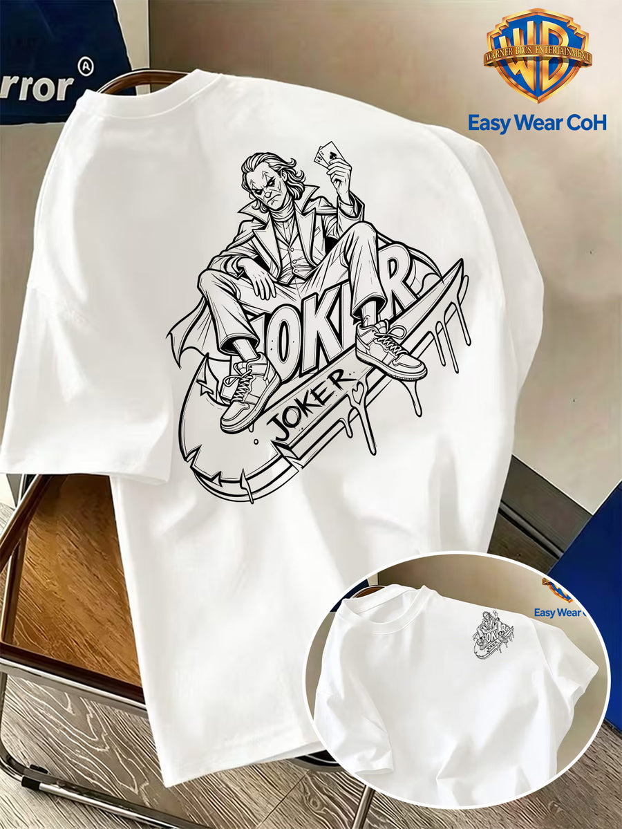 Warner Bros. Official New Academic Style Men's Short-Sleeve T-Shirt, Featuring a Unique Graffiti-style Line Sketch Drip-paint Design with a Long, Flowing Graphic and a Creative Niche JOKER Clown Print. The Distinctive Design Is Hard to Replicate - White