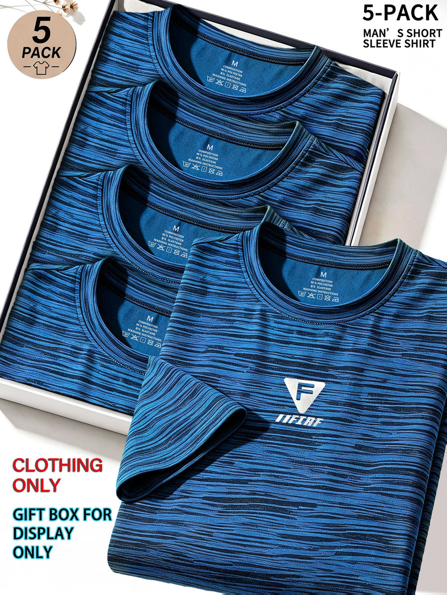 5pcs Men's Sports & Fitness Breathable Quick-Dry T-Shirts, Outdoor Travel Casual Running Printed Short-Sleeve Tees, Easy to Clean and Maintain, Lightweight T-Shirts for Daily Leisure and Gatherings, Classic Crew Neck Shirts - Color Orchid - 5PCS
