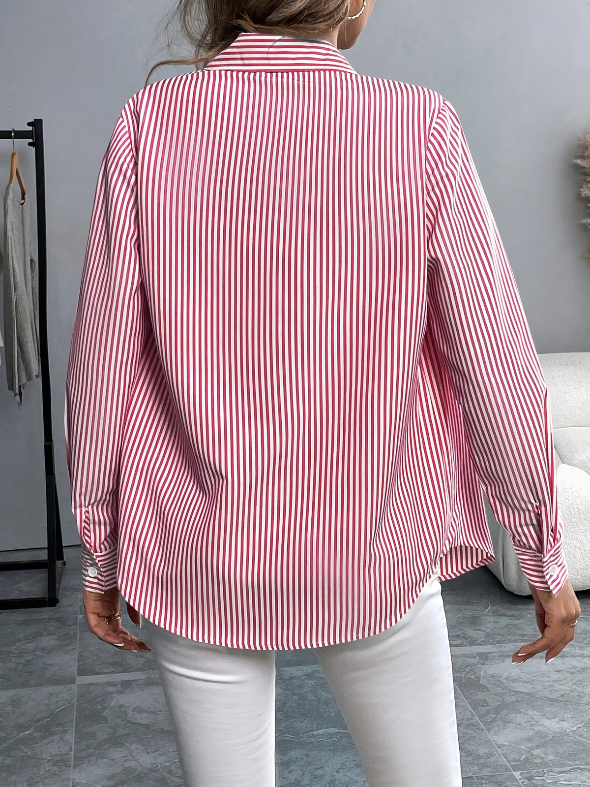 Fashion Casual Embroidered Striped Lapel Long Sleeve Button-Up Shirt Women'S - Red And White Stripes